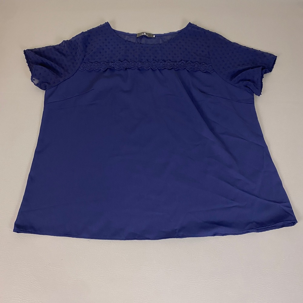 Agnes Orinda Blouse Plus Size 3X Navy Blue Swiss Dot Lace Trim Short Sleeve